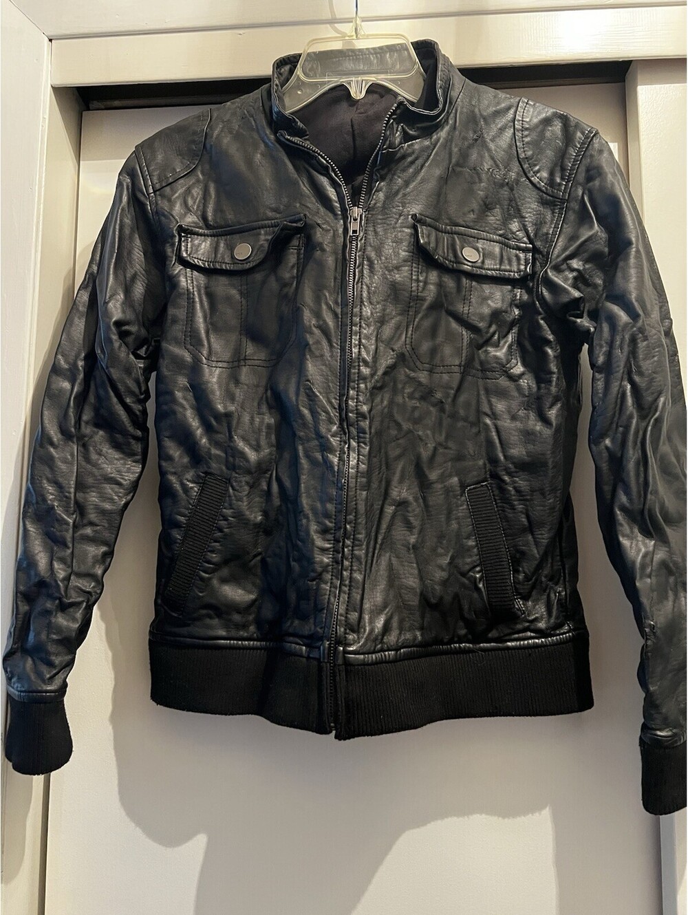 Boys size small CMOR Black Faux Leather Bomber Jacket Full Zip Ribbed Cuffs